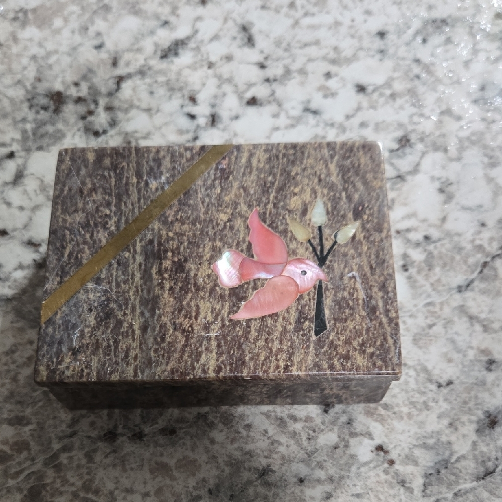 Stone Inlay Trinket Box with Pink Bird Accent